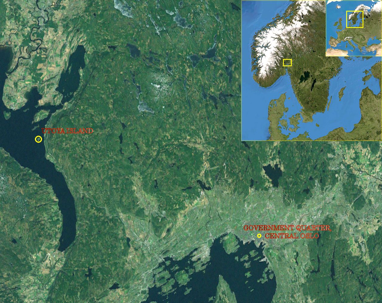 Map: Utoya Island and Central Oslo
